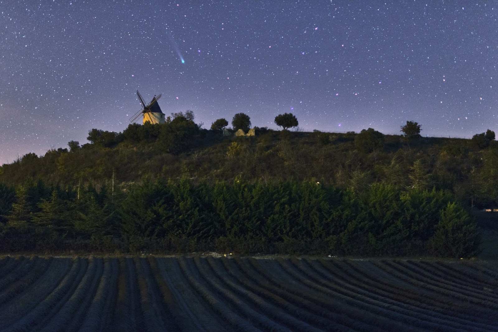 Comet Lovejoy Over a Windmill
