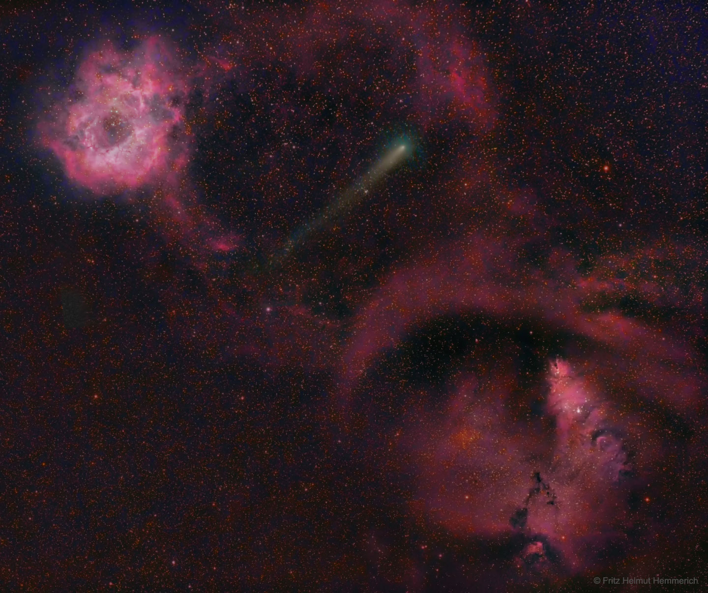 Comet 21P Between Rosette and Cone Nebulas