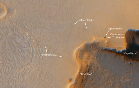 Mars Rover at Victoria Crater Imaged from Orbit