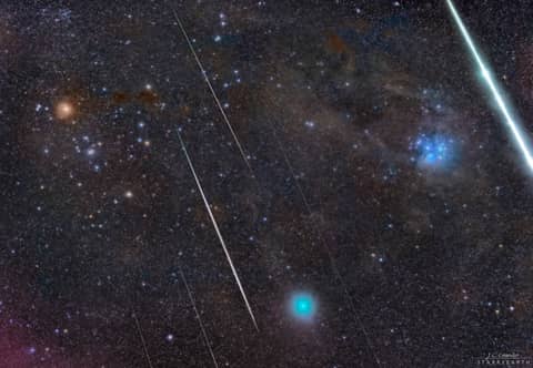 Stars, Meteors, and a Comet in Taurus