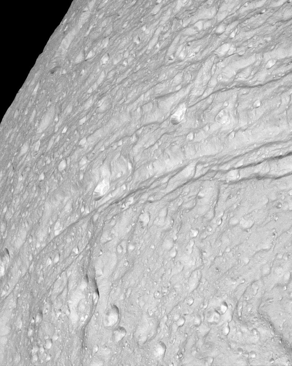Cratered Cliffs of Ice on Saturn's Tethys