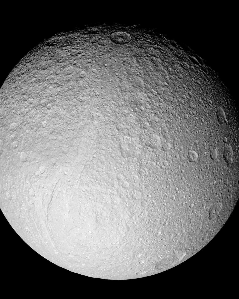 Ice Moon Tethys from Saturn-Orbiting Cassini