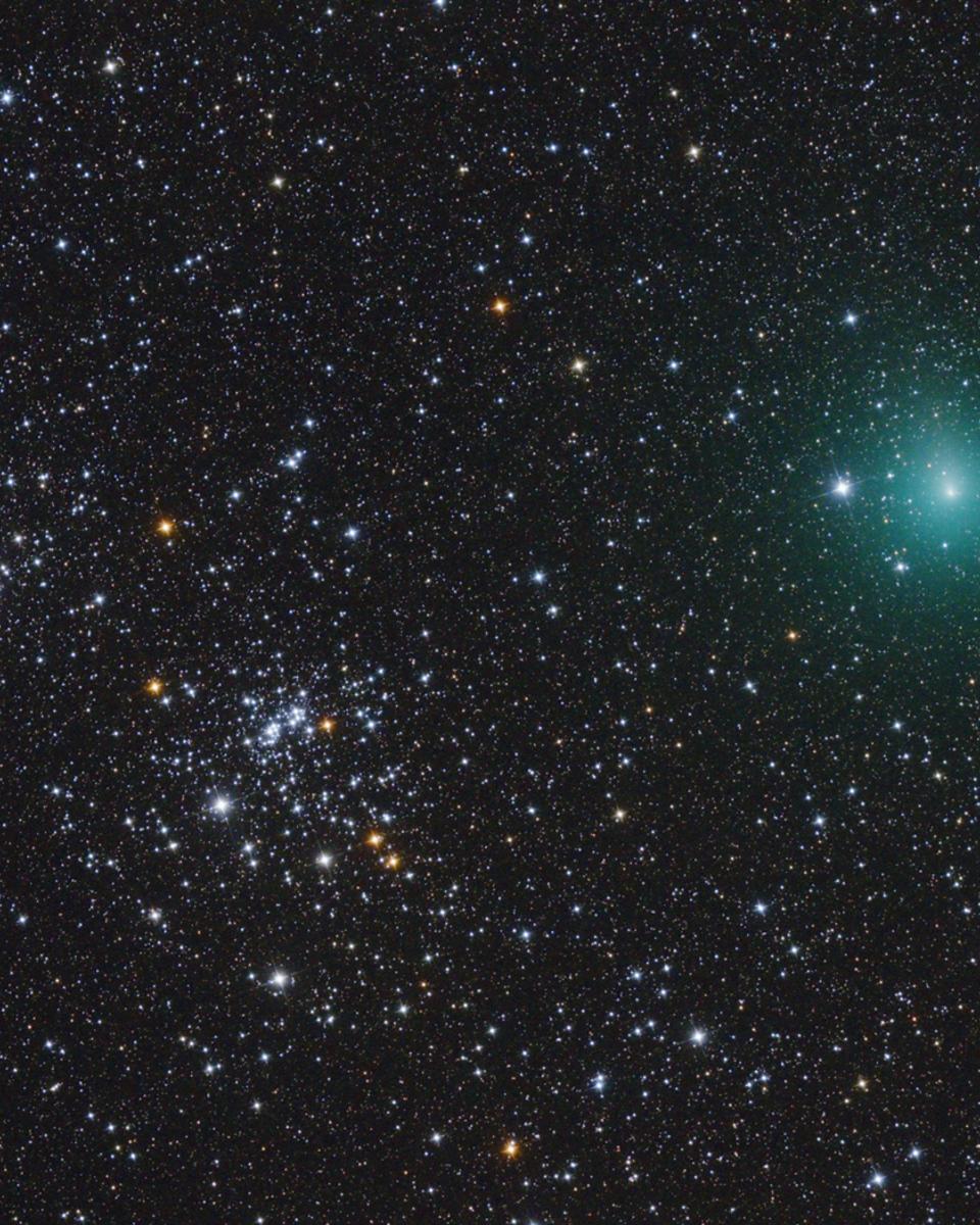 Comet Hartley Passes a Double Star Cluster