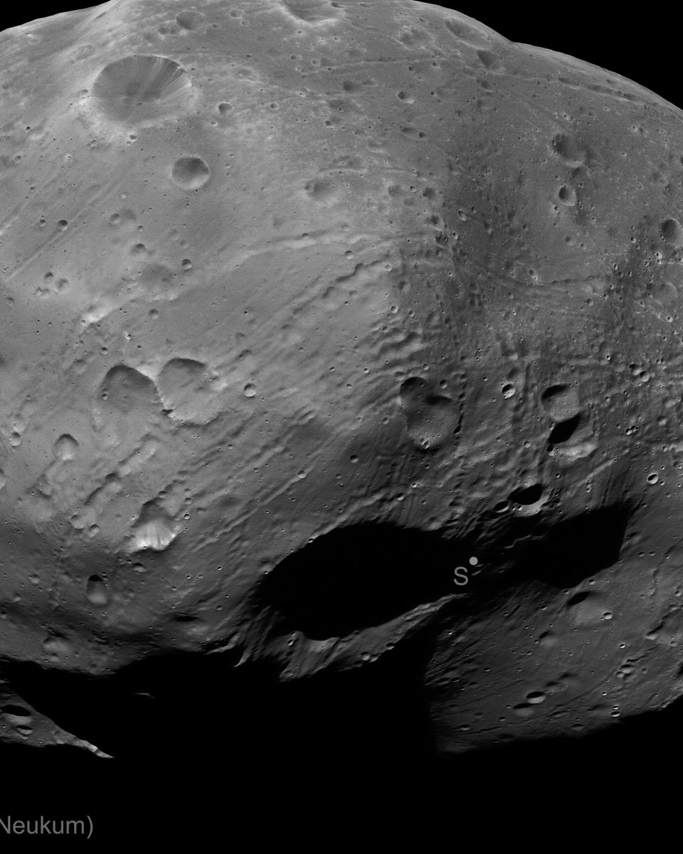 Phobos' South Pole from Mars Express