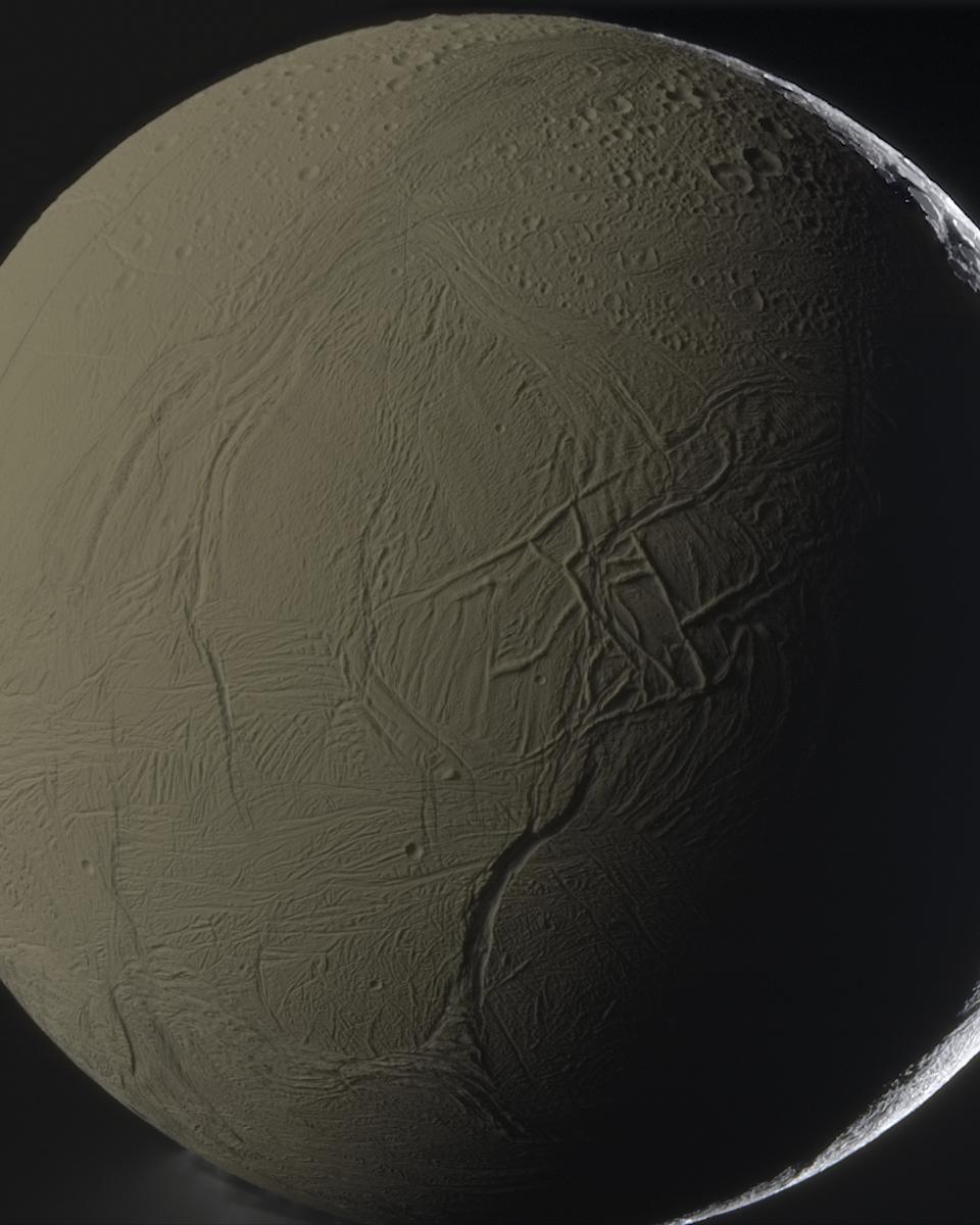 Enceladus Backlit by Saturn