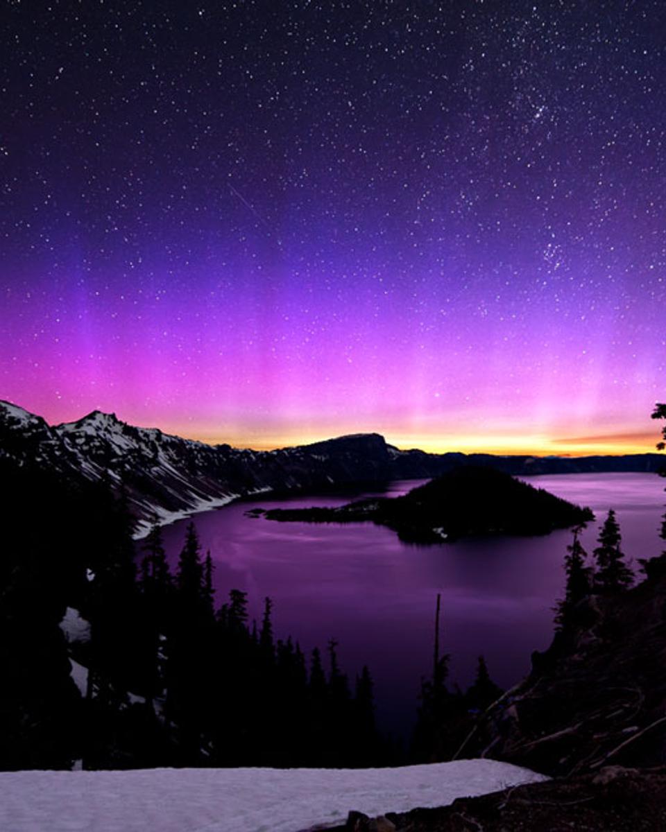 Pink Aurora Over Crater Lake