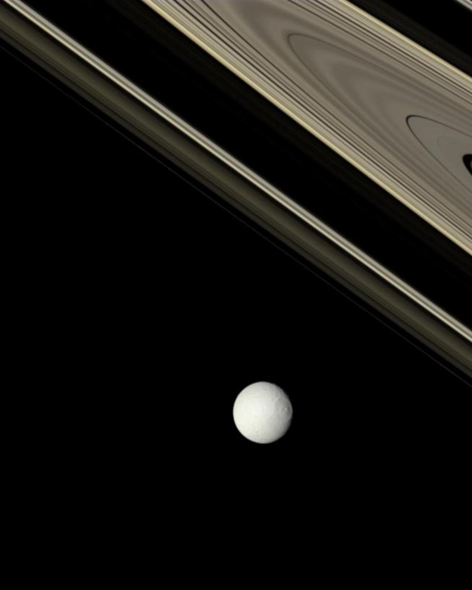 Saturn: Bright Tethys and Ancient Rings