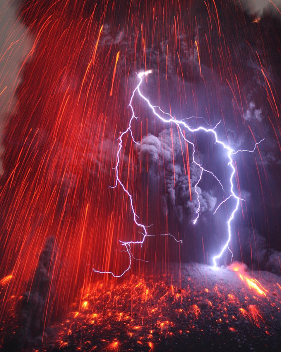 Sakurajima Volcano with Lightning