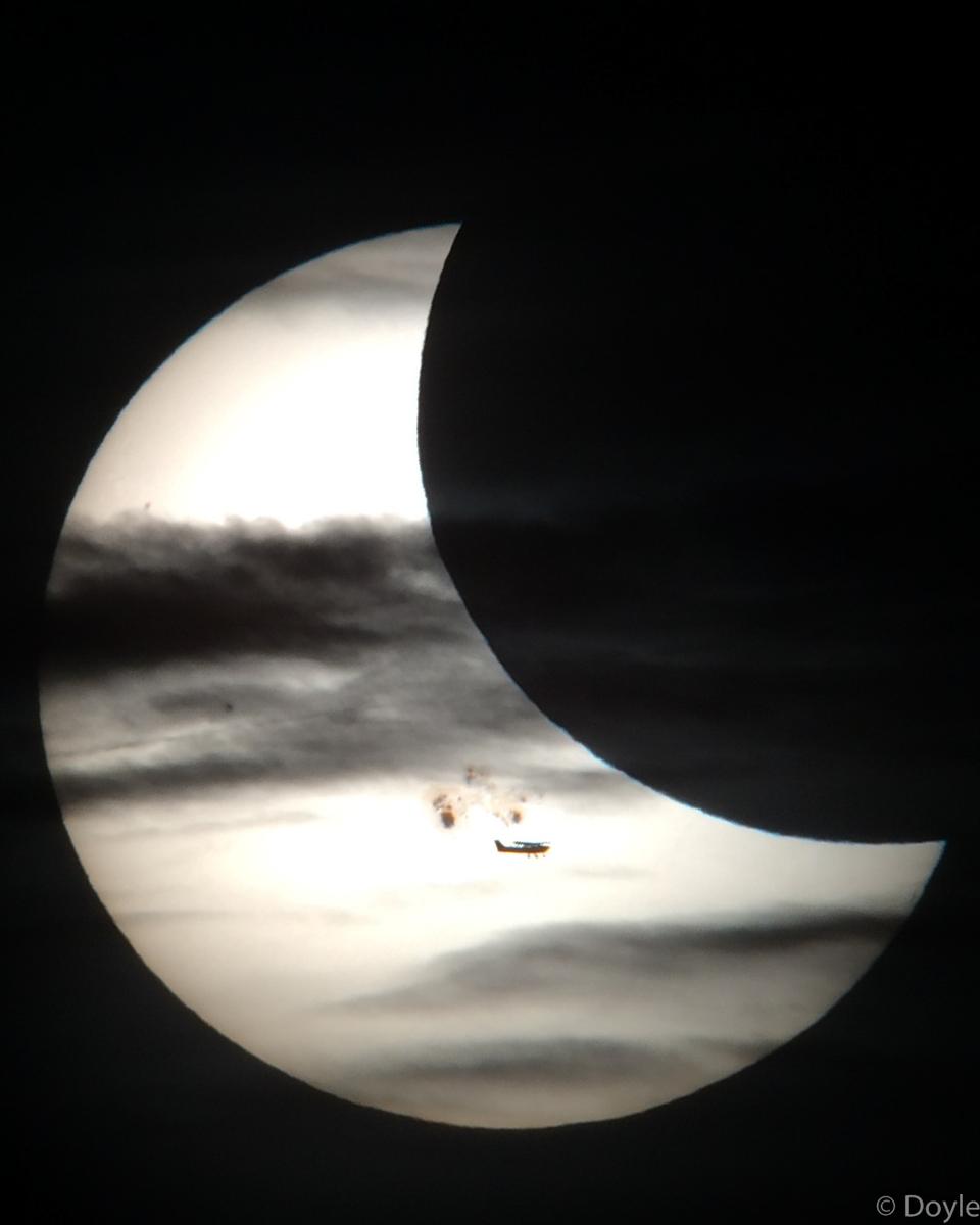 Plane, Clouds, Moon, Spots, Sun