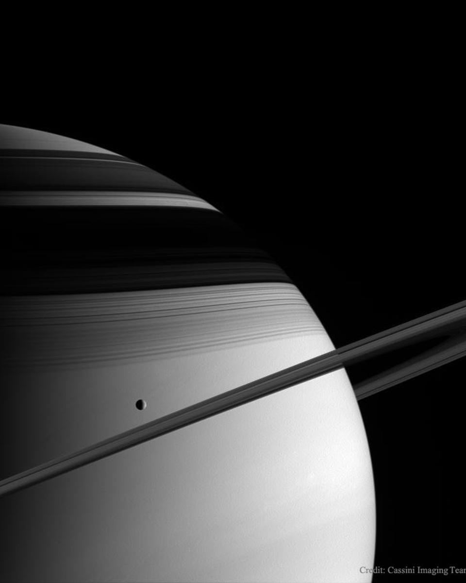 Saturn, Tethys, Rings, and Shadows