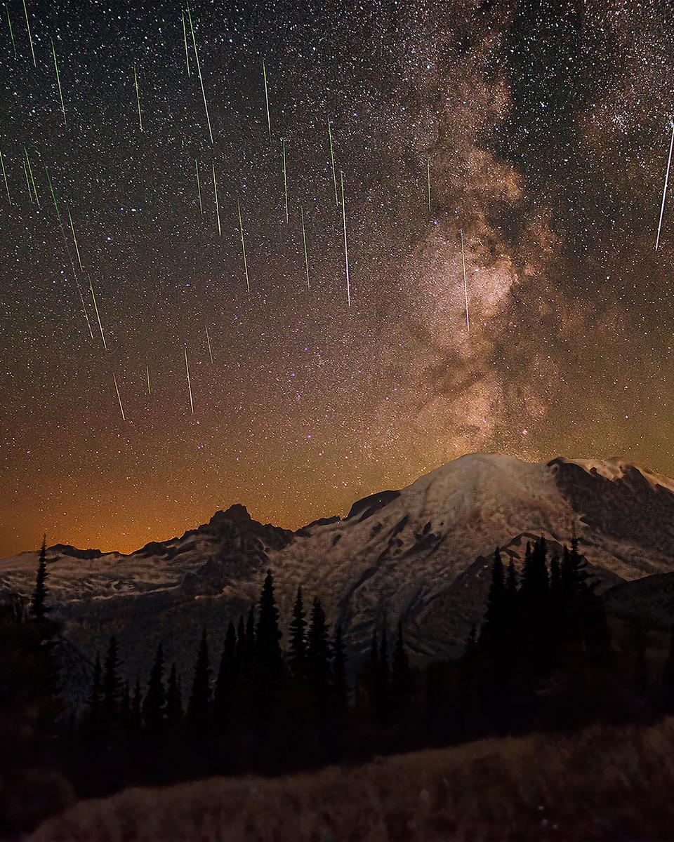 Meteors and Milky Way over Mount Rainier