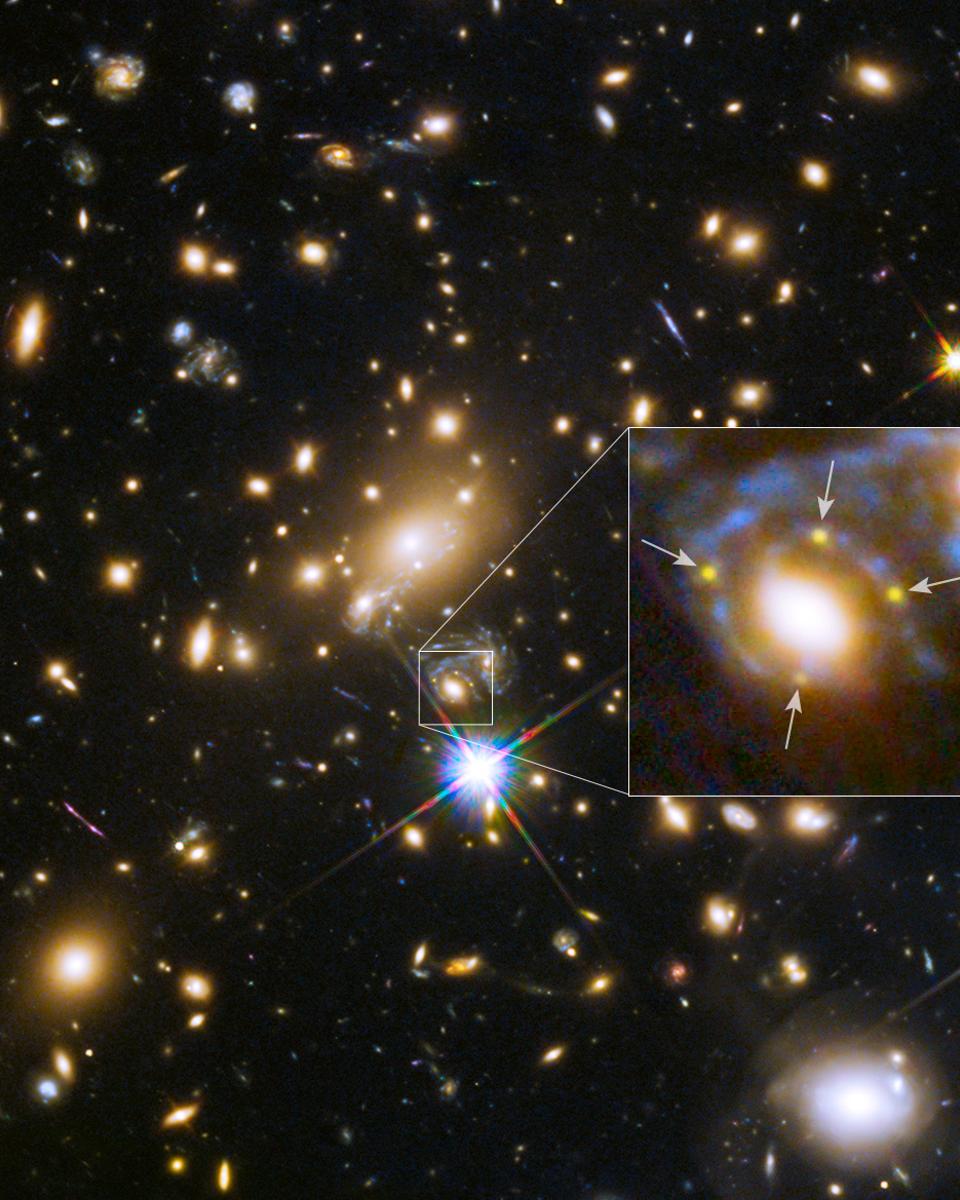 Galaxy and Cluster Create Four Images of Distant Supernova