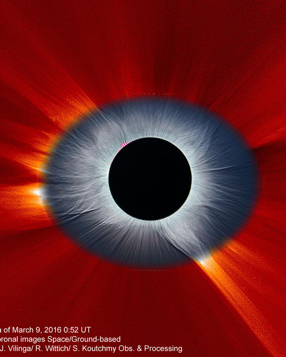 Combined Solar Eclipse Corona from Earth and Space