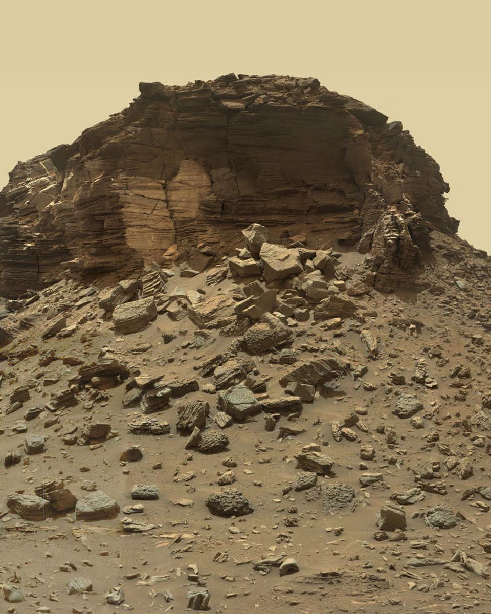 A Crumbling Layered Butte on Mars