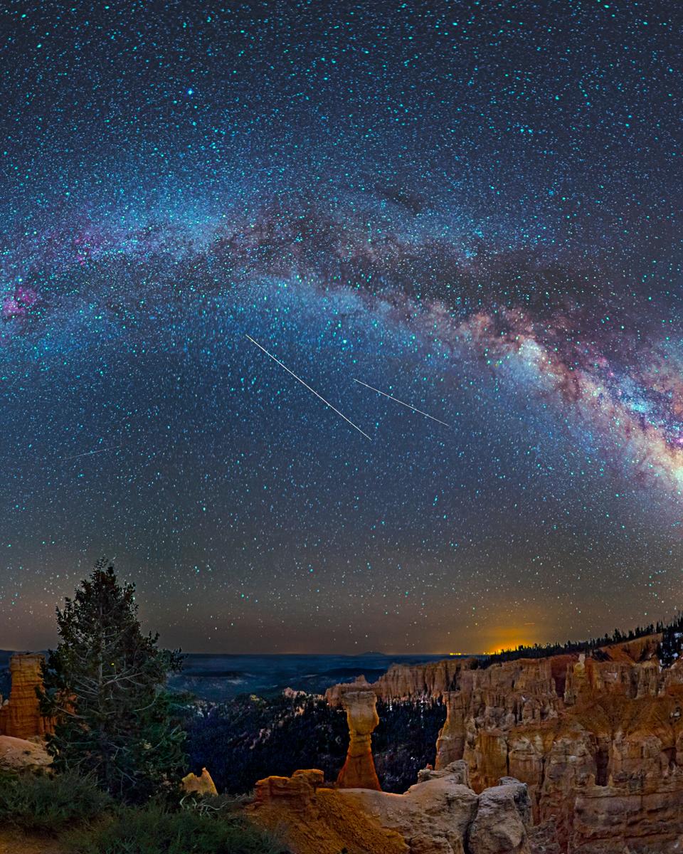 Meteors, Planes, and a Galaxy over Bryce Canyon