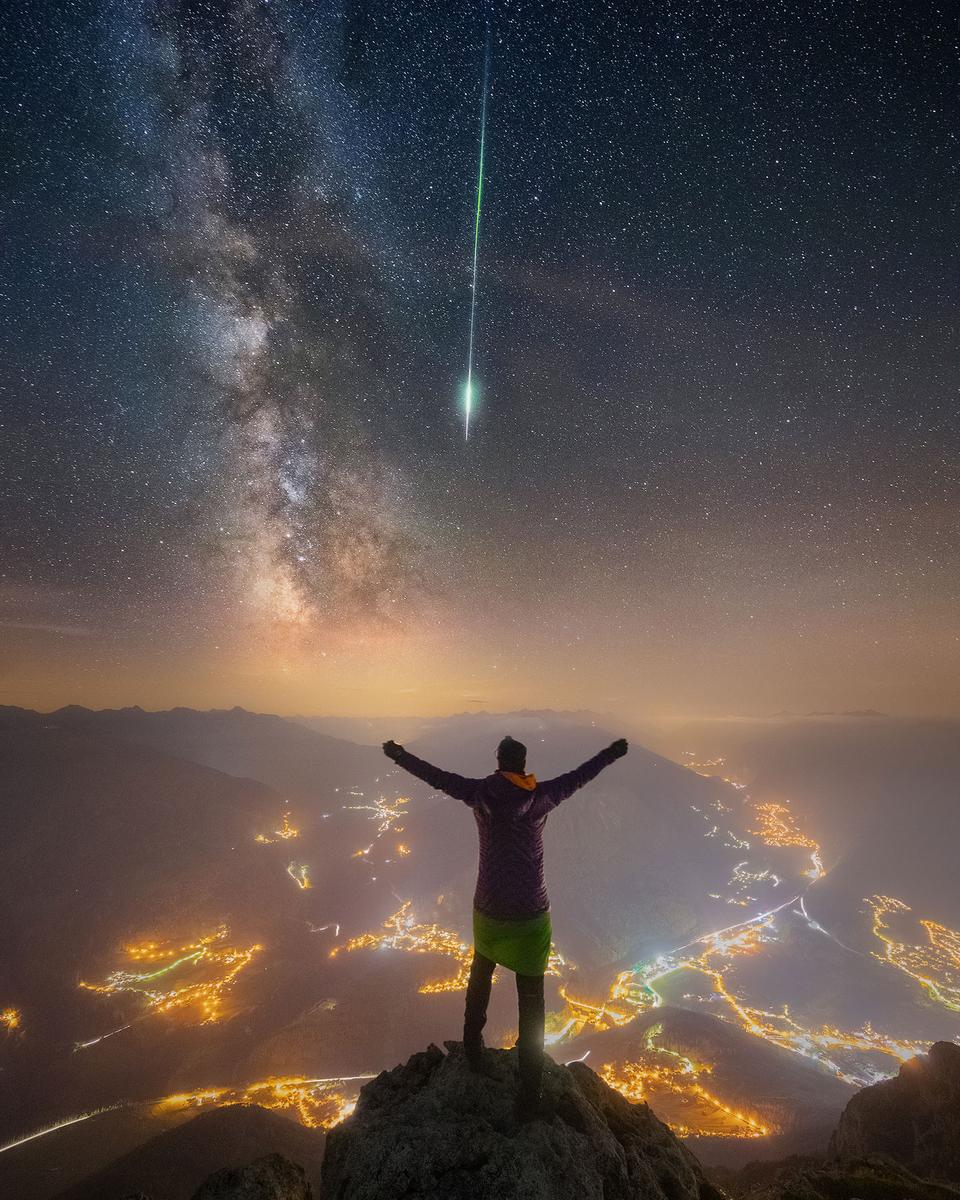 Meteor and Milky Way over the Alps