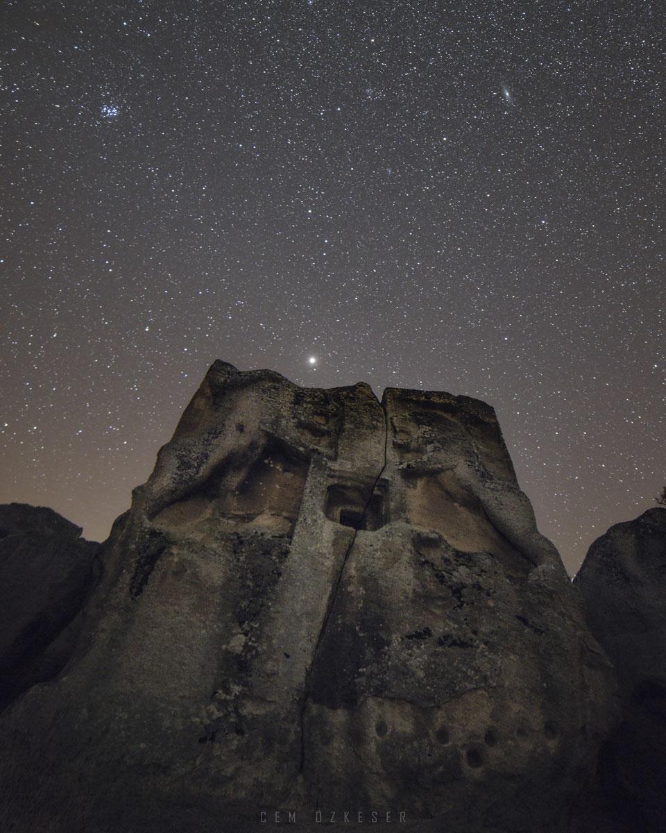 Mars, Pleiades, and Andromeda over Stone Lions