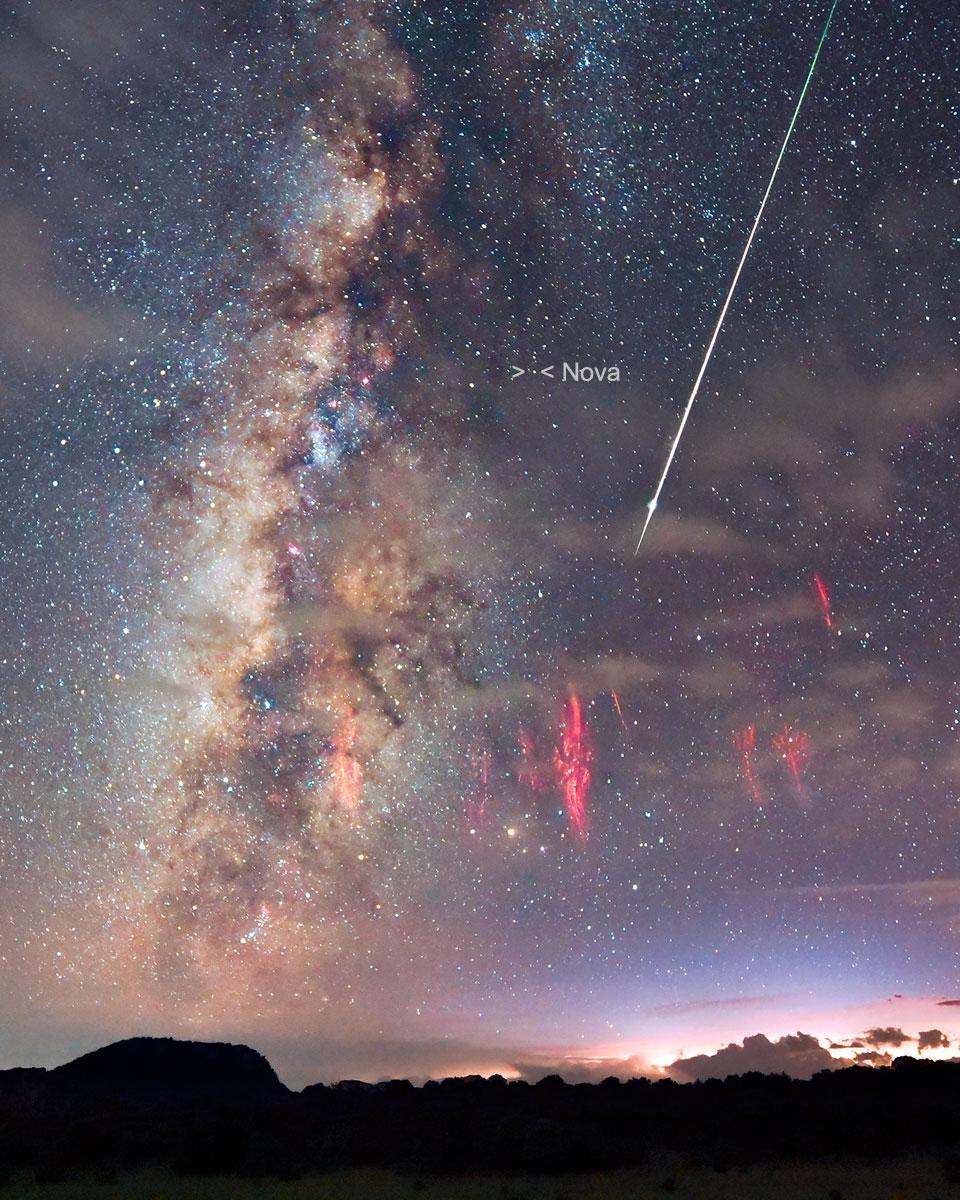Perseid Meteor, Red Sprites, and Nova RS Ophiuchus