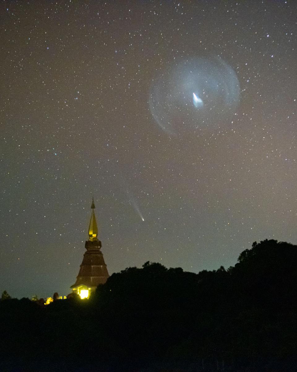 Comet Leonard behind JWST Launch Plume
