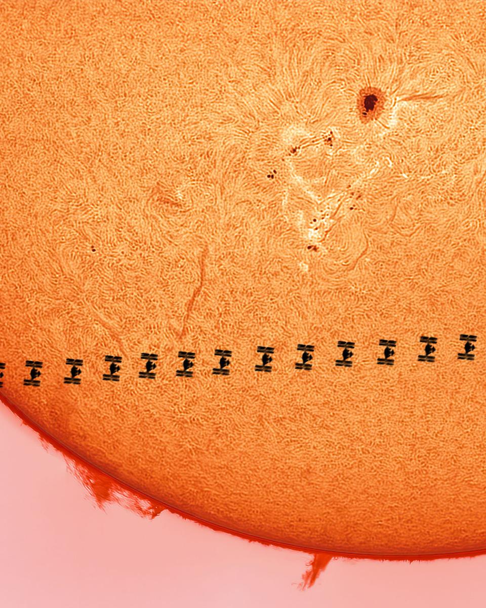 A Space Station Crosses a Busy Sun