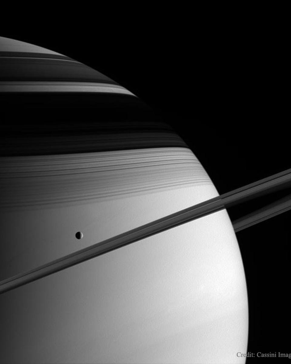 Saturn, Tethys, Rings, and Shadows