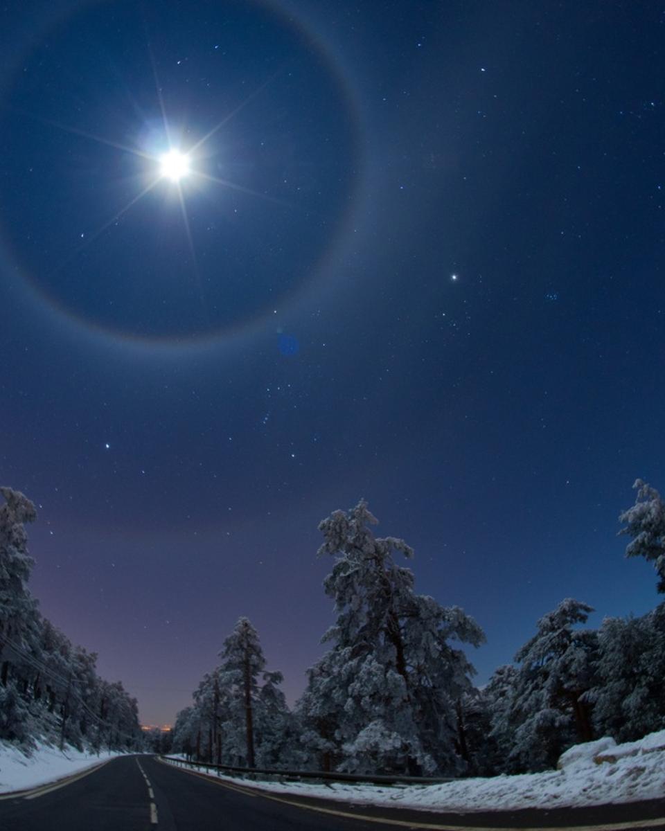 Quadruple Lunar Halo Over Winter Road