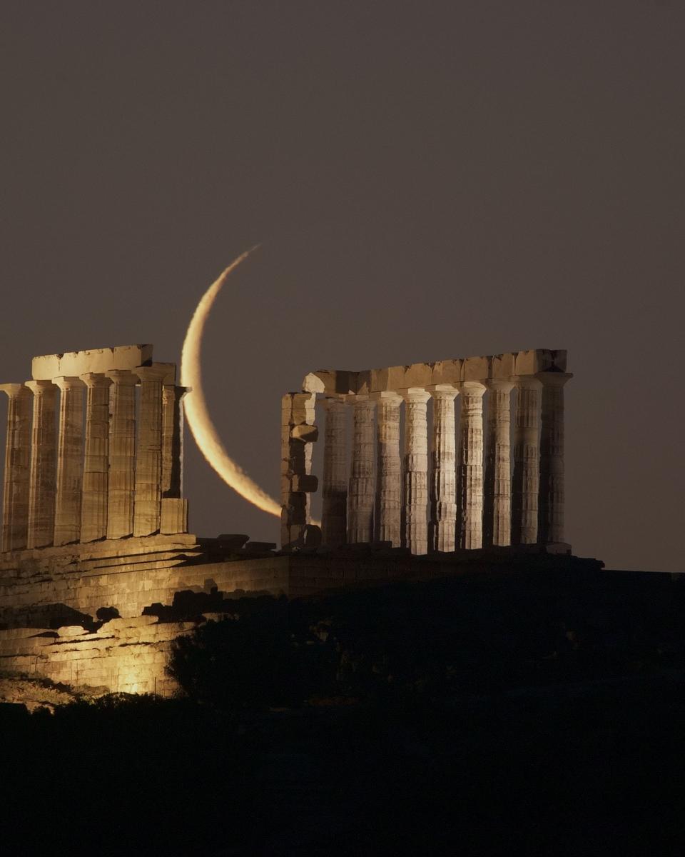 Crescent Moon Beyond Greek Temple