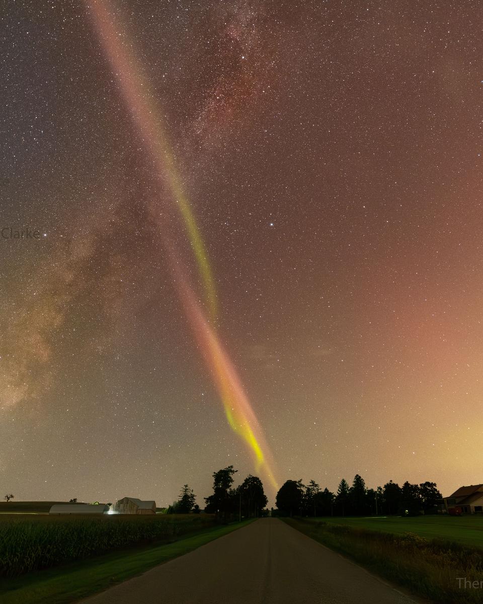 STEVE and Milky Way Cross over Rural Road