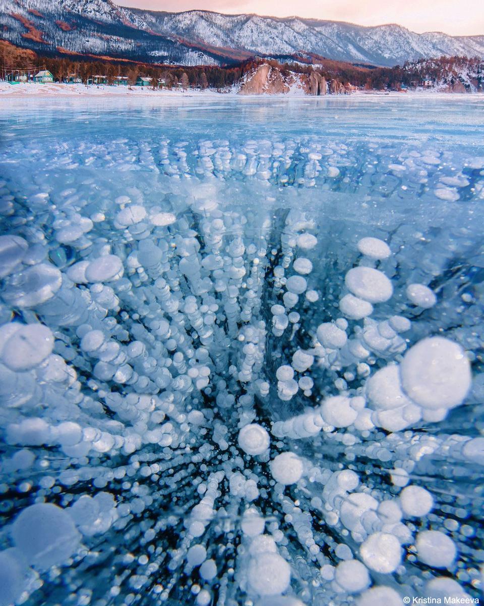 Methane Bubbles Frozen in Lake Baikal