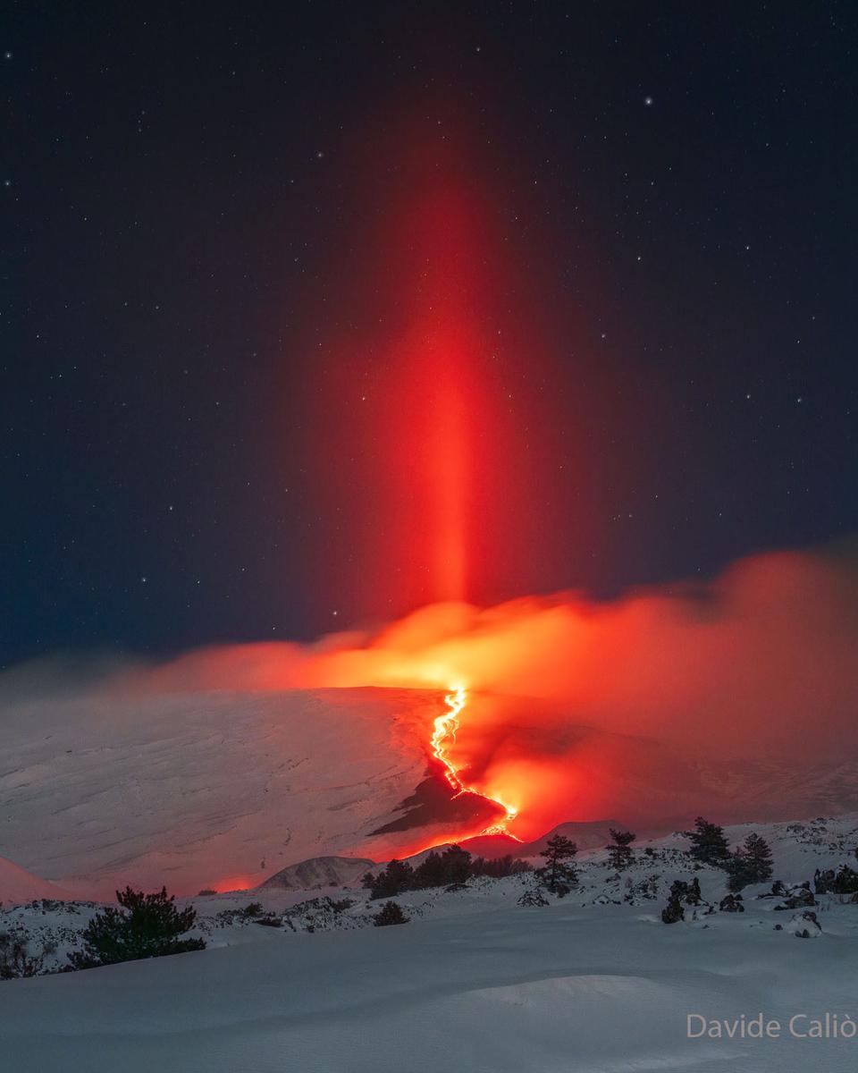 Light Pillar over Erupting Etna