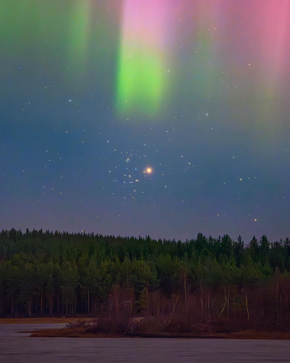 Mars and the Beehive Under an Aurora