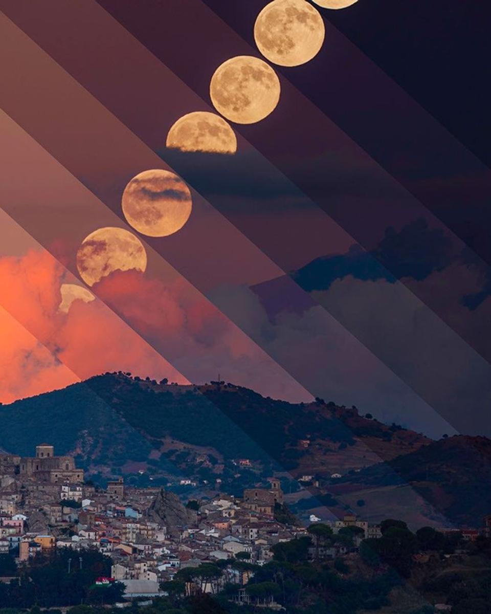 Harvest Moon with Erupting Mount Etna